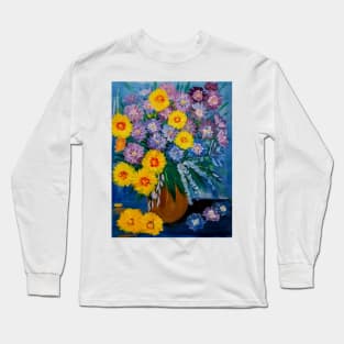 A beautiful bouquet flowers in a glass and gold vase . Using my favorite colors as vibrant background Using Acrylic and metallic paints. Long Sleeve T-Shirt